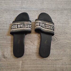 Christian Dior Dway Slide Sandals - Black/White Embroidered - Women's 8